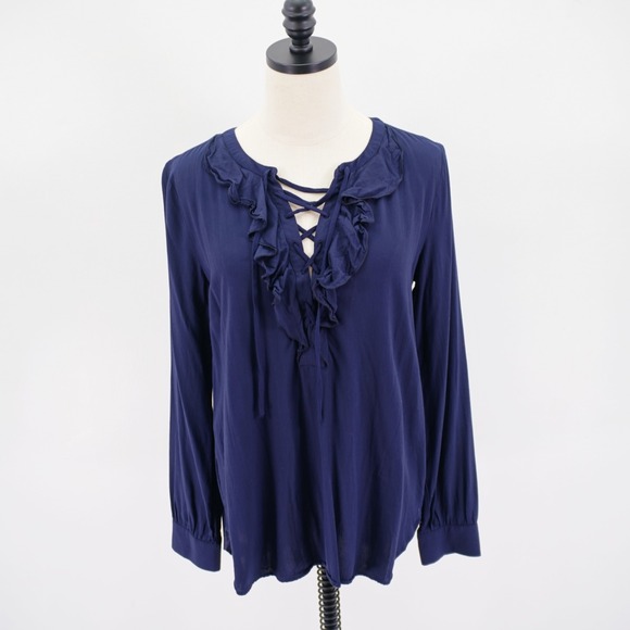 Ann Taylor Loft Small Blue Long Sleeve Blouse Top Ruffled Lace Up V-Neck - Picture 1 of 7